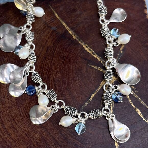 Michael Dawkins Sterling Silver Pearl Blue Bead Caviar Dangle Toggle Necklace - Picture 13 of 13